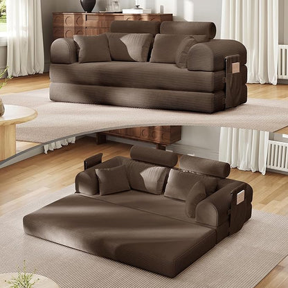 Upgrade High Backrest Design Sofa Bed with Fixed-Shape Frame & Removable Armrests and Backrest, Corduroy Fabric, Convertible Mattress Couch for Small Spaces - No Assembly Needed (High Backrest Brown)