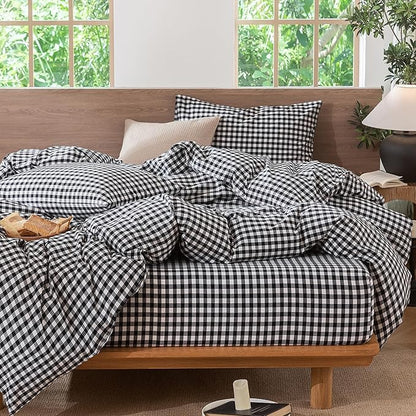 MooMee Gingham Duvet Cover Set 100% Washed Cotton Linen Like Textured Breathable Durable Soft Comfy Modern Checkered Design (Black White Gingham, Full 80"x90")