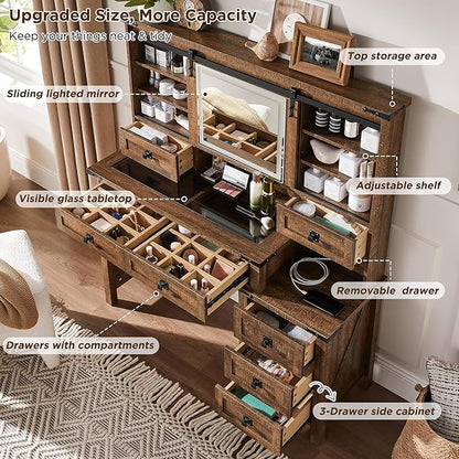 T4TREAM 48'' Farmhouse Makeup Vanity Desk with Sliding HD Mirror and Lights, Big Modern Lighted Vanity Table with 7 Drawers & Shelves, Rustic Large Dressing Table for Bedroom, Reclaimed Barnwood