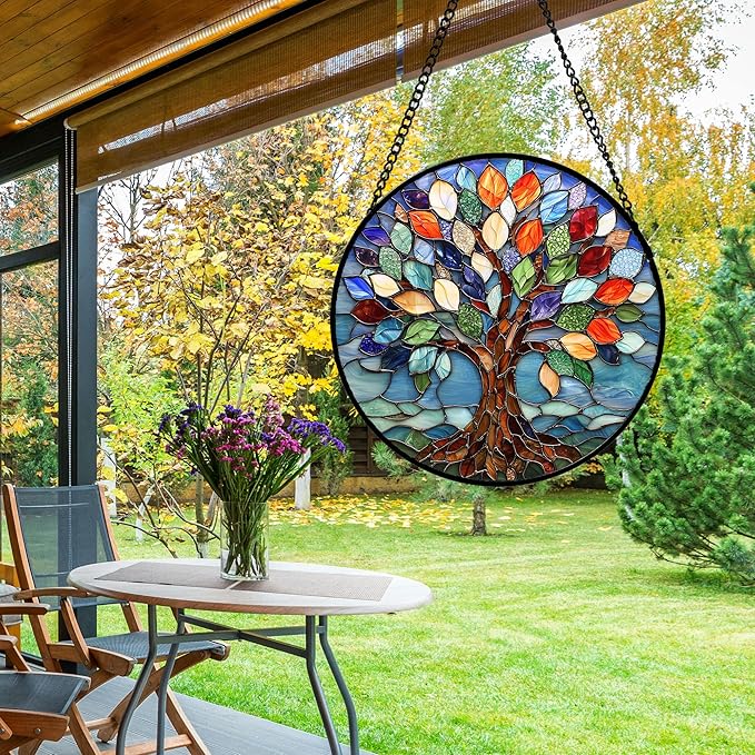 Stained Glass Window Hanging, Colorful Tree of Life Sun Catchers Glass Panel Blue Suncatcher Decor for Birthday for Women, Men, Wife, Aunt, and Mom 6.3 in
