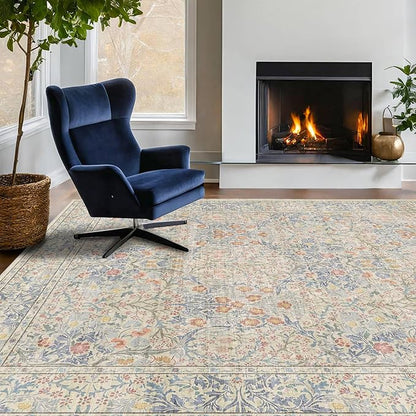 Beige Blue Living Room Rug 5x7, Cottage Area Rug for Bedroom, Vintage Washable Floral Mat for Nursery, Office, Low Pile Non Slip Stain Resistance French Country Style Retro Indoor (5x7 Beige Blue)