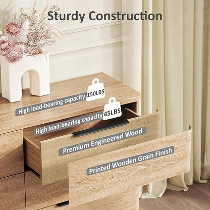 6 Drawer Dresser for Bedroom, 54" Wide Modern Chest of Drawers with Metal Handle, Curved Profile Design, Wooden Oak Dresser Closet Clothes Storage TV Stand for Living Room, Hallway