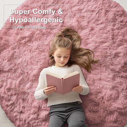 OLANLY Pale Pink Round Rugs for Bedroom - Machine Washable, 3 ft Circle Area Rugs for Living Room, Soft and Fluffy Shaggy Carpet for Teen Girls and Boys, Nursery Rooms, Dorms, Home Decor Aesthetic