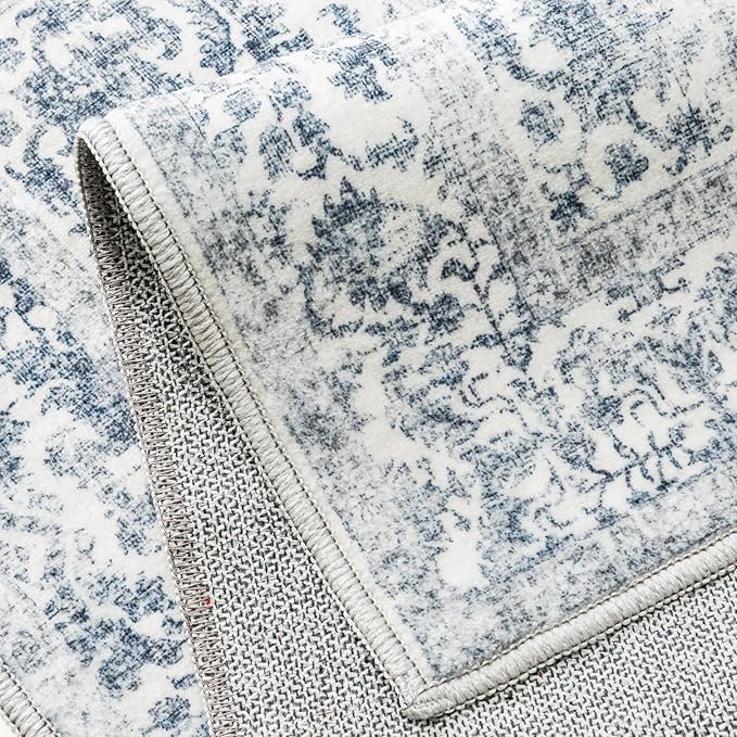 Navy Blue Area Rug 9x12 Machine Washable Large Vintage Living Room Distressed Non Slip Carpet Traditional Indoor Bedroom Retro Floral Accent Throw Rug for Office Kitchen Dining Room