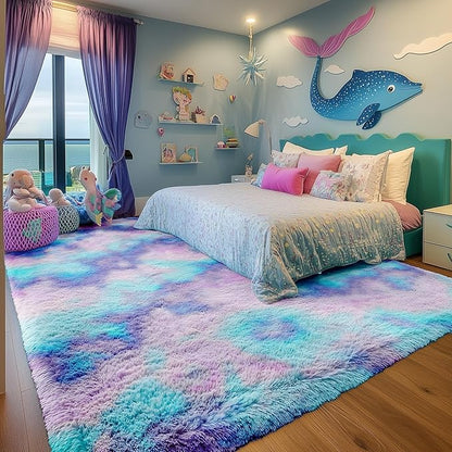 PAGISOFE Cute Kawaii Purple Rainbow Rug for Girls Bedroom, 5x8 Washable Area Rug, Soft Fluffy Shag Rug for Girls Room Baby Kids Playroom Nursery Classroom Plush Furry Mermaid Rug, Fuzzy Pastel Carpet