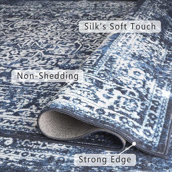 vivorug Runner Rug 2'x8' Vintage Washable Non-Slip Runners for Hallways Kitchen Entryway Laundry Room Carpet Hallway Runner Navy Blue