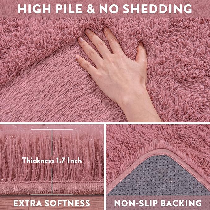 Fluffy Blush Pink Area Rug for Bedroom, 5x7 Soft Fuzzy Shag Rug for Living Room, Thick Comfy Throw Plush Rug for Girls Kids Room, Non-Slip Modern Indoor Shaggy Floor Carpet for Nursery Dorm Home Decor