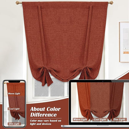 DriftAway Double Layer Linen Blackout Tie Up Curtains Thermal Insulated Fully Lined Balloon Roman Shade Bathroom Window Adjustable Rod Pocket for Small Window 45 Inch by 63 Inch Burnt Orange