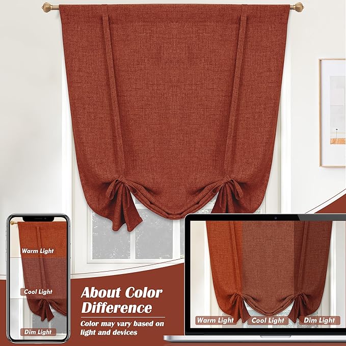 DriftAway Double Layer Linen Blackout Tie Up Curtains Thermal Insulated Fully Lined Balloon Roman Shade Bathroom Window Adjustable Rod Pocket for Small Window 31 Inch by 47 Inch Burnt Orange