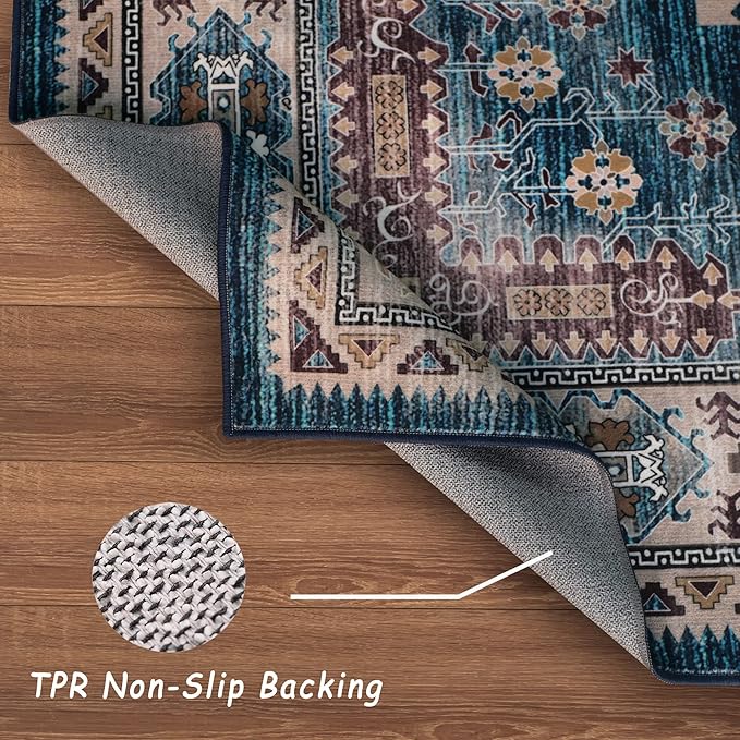 vivorug Blue Runner Rug 2x10 Machine Washable Rug with Non-Slip Backing, Ideal for Kitchen Hallway Entryway Laundry Room - Vintage, Durable, Easy Clean, Low Pile Carpet Runner