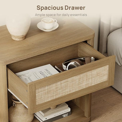 SICOTAS Night Stand 26" Wide Large Nightstands with Drawer & Shelf Storage Rattan Bedside Table Boho End Table Tall Bed Side Tables Night Stands for Bedroom Living Room Sofa Office Dorm, Amber Oak