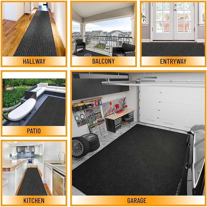 Ottomanson 2'7" x 19' Hallway Runner with Scraper Pile - Extra Durable Non-Slip Rug Mat for Indoor & Outdoor Use - Ideal for Kitchen, Entryway & Garage - High-Traffic Carpet, Black