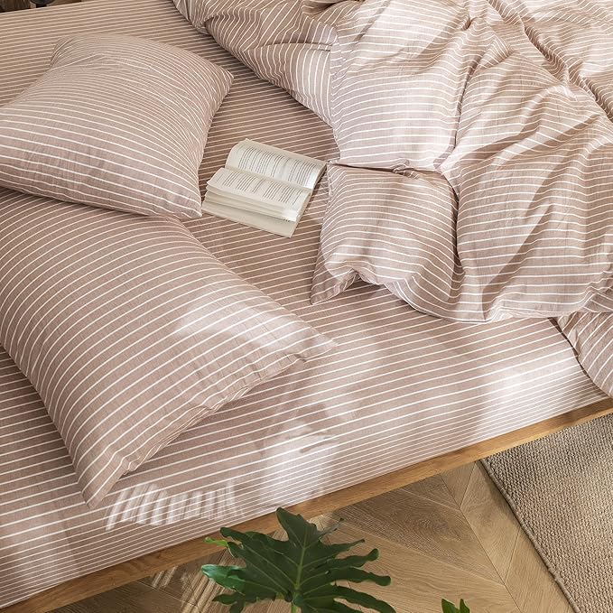 MooMee Striped Duvet Cover Set 100% Washed Cotton Linen Like Textured Breathable Durable Soft Comfy (Orange White Wide Stripes, Palatial King/Oversized King 120"x98")