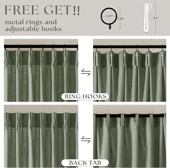Green Linen Semi Sheer Curtains 90 Inches Long for Living Room Bedroom Light Filtering Sage Green Textured Burlap Pinch Pleated Curtains 90 Length Hooks Rings Back Tab for Sliding Door 2 Panels