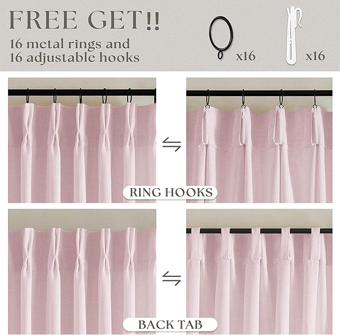 Pinch Pleated Pink Linen Curtains 120 Inches Long for Girls Bedroom Living Room Light Filtering Extra Long Pleated Semi Sheer 120 Inch Curtains Drape Window Panels Pink Blush Babys Nursery