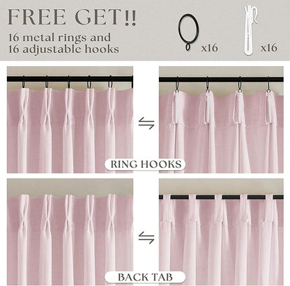 Pinch Pleated Pink Linen Curtains 120 Inches Long for Girls Bedroom Living Room Light Filtering Extra Long Pleated Semi Sheer 120 Inch Curtains Drape Window Panels Pink Blush Babys Nursery