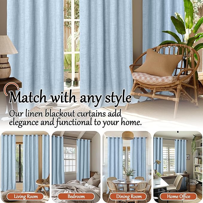 Baby Blue Linen Blackout Curtains for Nursery 63 Inch Length 2 Panels Set, Thermal Insulated Boho Total Black Out Noise Reducing Bonzer Grommets Window Curtains for Kids Bedroom, Each 60 Inch Wide