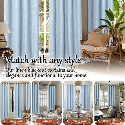 Baby Blue Linen Blackout Curtains for Nursery 84 Inch Length 2 Panels Set, Thermal Insulated Boho Total Black Out Noise Reducing Bonzer Grommets Window Curtains for Kids Bedroom, Each 60 Inch Wide