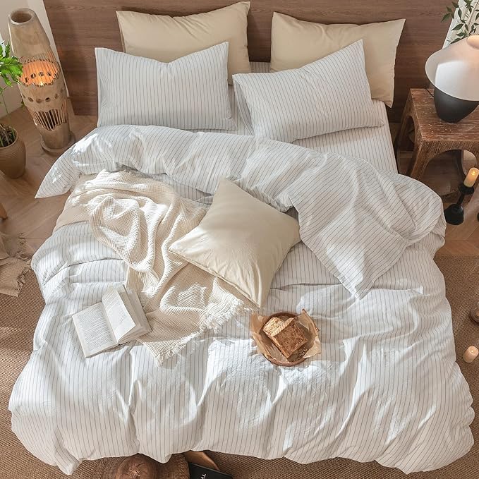 MooMee Striped Duvet Cover Set 100% Washed Cotton Linen Like Textured Breathable Durable Soft Comfy (White Cornflower Blue Wide Stripes, Cal King 104"x98")
