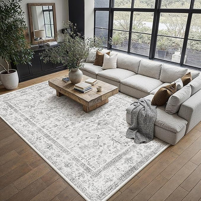 Grey 9x12 Area Rug Vintage Washable Living Room Carpet Non Slip Neutral Bedroom Indoor Office Low Pile Large Traditional Distressed Retro Gray Accent Rug for Dining Room Bathroom Kitchen