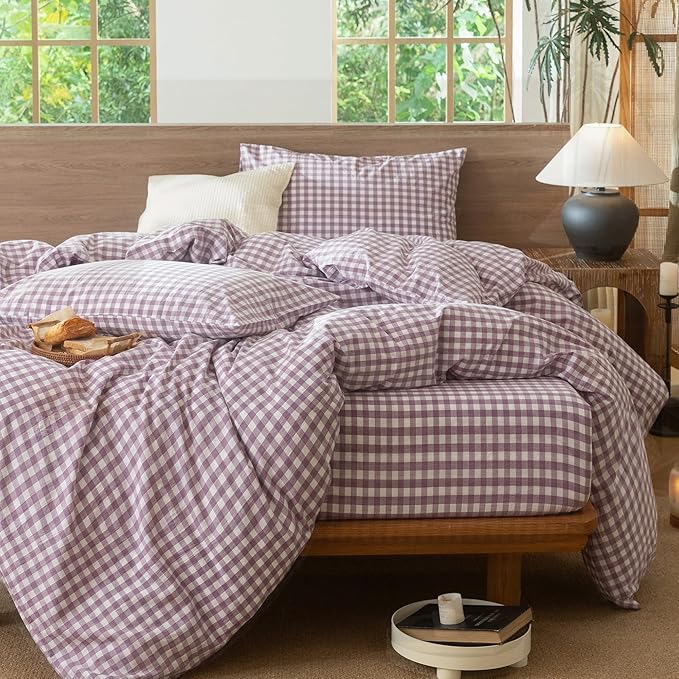 MooMee Gingham Duvet Cover Set 100% Washed Cotton Linen Like Textured Breathable Durable Soft Comfy Modern Checkered Design (Classic Gingham Light Purple, Full 80"x90")