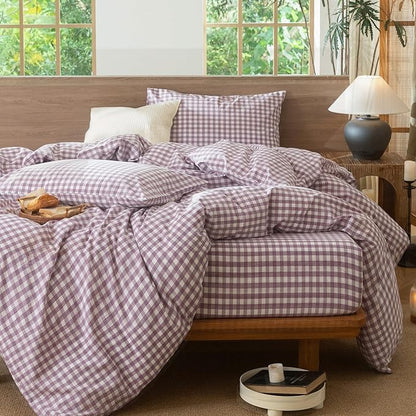 MooMee Gingham Duvet Cover Set 100% Washed Cotton Linen Like Textured Breathable Durable Soft Comfy Modern Checkered Design (Classic Gingham Light Purple, Oversized Full 82"x86")