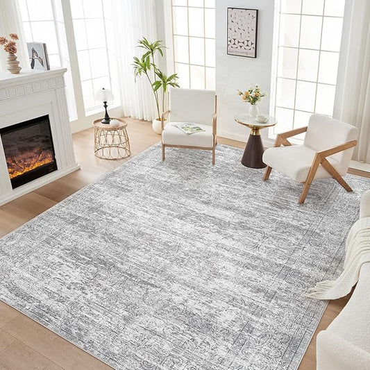 Area Rug Living Room Rugs - 8x10 Abstract Large Soft Indoor Washable Rug Neutral Modern Low Pile Carpet for Bedroom Dining Room Farmhouse Home Office - Vintage Grey
