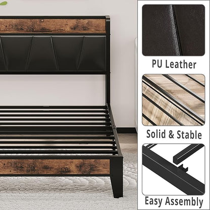 LIKIMIO Twin Bed Frame, Storage Headboard with Charging Station, Solid and Stable, Noise Free, No Box Spring Needed, Easy Assembly (Vintage and Black)