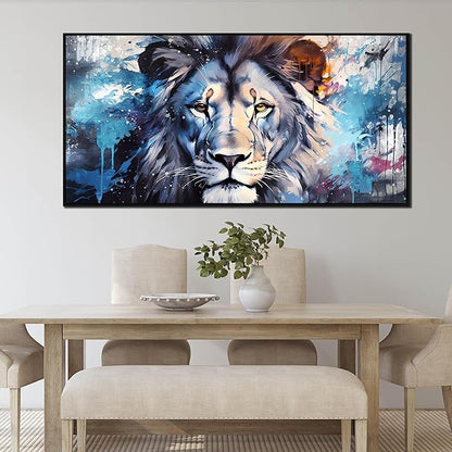 Lion Wall Art for Living Room, Animal Canvas Wall-Decor for Bedroom, Blue Picture Print, Large Size 59x29 Inches Framed