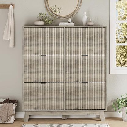 Shoe Cabinet with 6 Flip Drawers, 54" Tall Narrow Fluted Shoe Storage Organizer for Entryway, Hidden Slim Wooden Shoe Rack Cabinet for Front Door Entrance, Hallway, Living Room, Light Grey