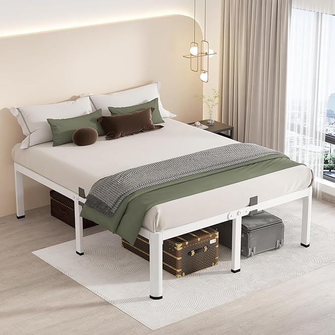MAF 12 Inch Queen Metal Platform Bed Frame White with Round Corner Legs, Mattress Slide Stopper, 3000 LBS Heavy Duty Steel Slats Support, Noise Free, No Box Spring Needed, Easy Assembly