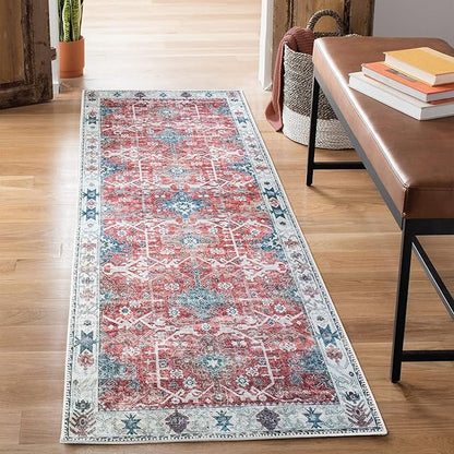 Bloom Rugs Washable Non-Slip 12 ft Runner - Red/Blue Traditional Runner for Entryway, Hallway, Bathroom, and Kitchen - Exact Size: 2.5' x 12'