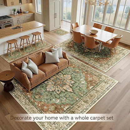 Area Rugs 2'x8' Washable Non-Slip, Floral Vintage Distress Print Pattern Medallion Carpet for Living Room Bedroom Dining Room, Brick Red Rust Neutral Brown Burnt Orange Green
