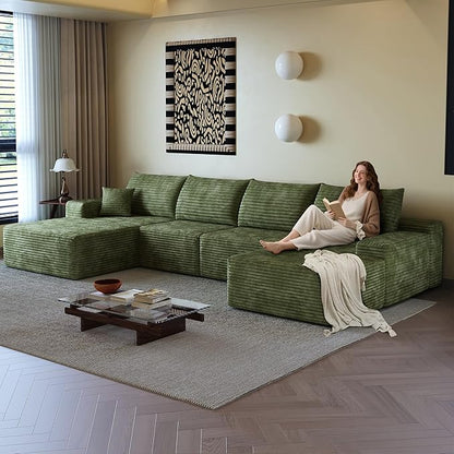 136" Sectional Couches for Living Room Modern Modular Sofa with L-Shape Couchs Upholstered Boneless Couch Deep Seat Sectional Couch with Chaise (Green, Left Facing Chaise+3Seaters+Ottoman)