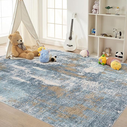 Area Rug Living Room Rugs - 6x9 Washable Soft Indoor Neutral Modern Abstract Low Pile Rug Carpet for Bedroom Dining Room Farmhouse Home Office - Blue Brown