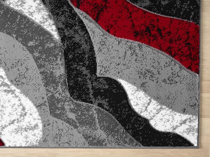 Modern Abstract Area Rug Hand Carved Contemporary Geometric Swirls Vibrant Colors Carpet for Living Room Bedroom Design PR1002 (Red, 5' x 7')