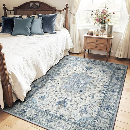 Area Rugs 4'x5' Washable Non-Slip, Floral Vintage Distress Print Pattern Medallion Carpet for Living Room Bedroom Dining Room, Light Blue Navy Beige Gray White
