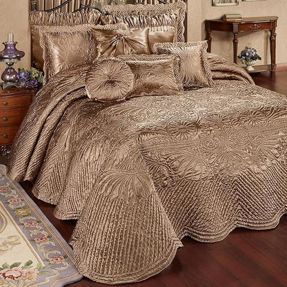 Touch of Class Portia Luxury Bedding | Rich Smoky Topaz | Premier Quilted Polyester Satin | Hand Guided Machine Quilted Scroll Design 3 Piece Set: Full Oversized Bedspread & 2 Standard Shams