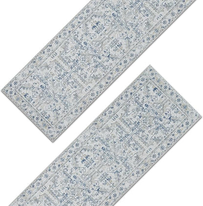jinchan Lima Kitchen Runner Rug 3x10-2pcs, Bohemian Hallway Washable Rug Floral Non Slip with Rubber Backing Vintage Carpet Runner for Bedroom Bathroom Laundry Room Living Room Decor Blue
