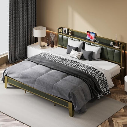 LIKIMIO California King Bed Frame, Storage Headboard with Charging Station, Solid and Stable, Noise Free, No Box Spring Needed, Easy Assembly (Dark Green)