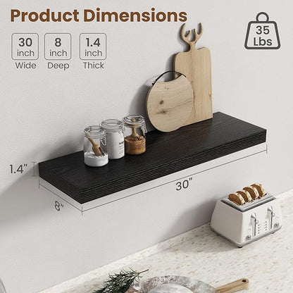 30 Inch Floating Shelves for Wall, 8 Inch Deep Floating Shelf for Storage & Display, Rustic Wall Mounted Shelf with Invisible Brackets for Living Room, Kitchen, Bathroom, Home Decor, Set of 2, Black