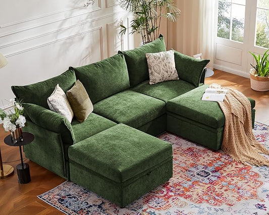 ABCASA 102.6" U Shaped Modular Sectional Sofa, 5 Seater Couch with Storage Ottoman Deep Seat and High Backrest with Removable Cover for Living Room, Apartment - Chenille Green