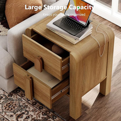 WAMPAT 23.7" Tall Modern Nightstands Set of 2, Wood Nightstand with Charging Station, Bedside Table w/2 Storage Drawers, Curved Profile Design, Sofa Side Table Accent Table for Bedroom, Light Walnut