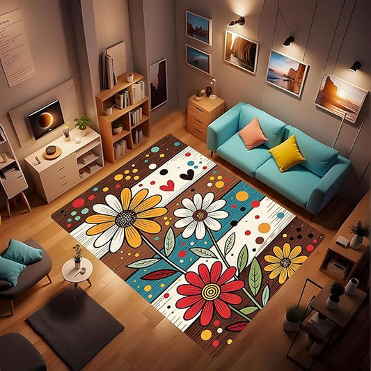 Machine Washable 5' x 8' Bohemian-Style Area Rug, Flowers Floor mat, Suitable for bedrooms, Girls' Room Bedside, Living Room, Dining Room, Office, Non-Slip Low-Pile Retro, Fashionable Carpet