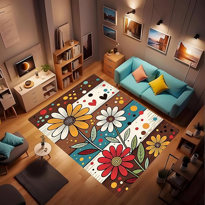 Machine Washable 3' x 5' Bohemian-Style Area Rug, Flowers Floor mat, Suitable for bedrooms, Girls' Room Bedside, Living Room, Dining Room, Office, Non-Slip Low-Pile Retro, Fashionable Carpet
