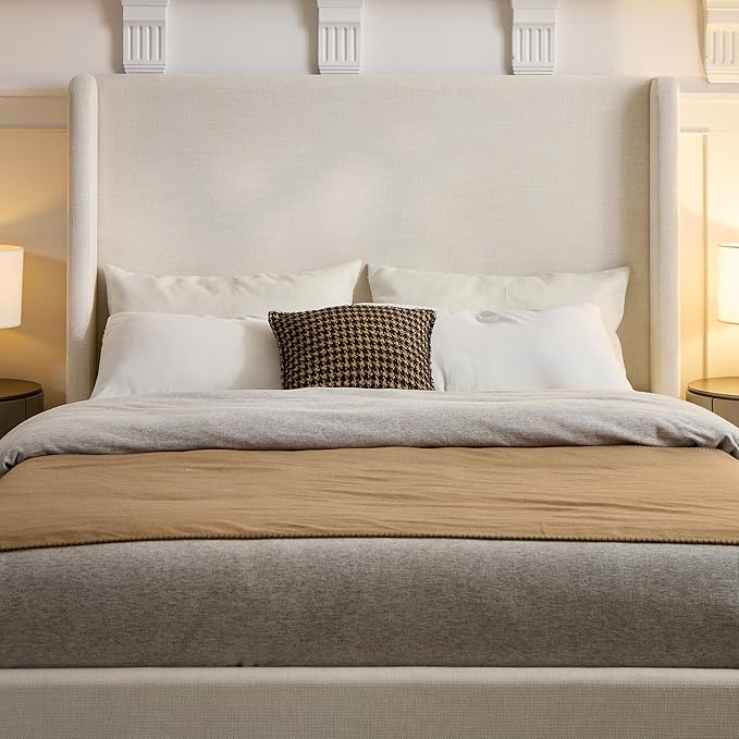 King Size Upholstered Bed Frame, Harper 54" Tall Headboard Platform Beds, Wingback Headboard Bedframes/No Box Spring Needed/Easy Assembly/Elegant Simplicit, Textured Ivory Canvas Chenille