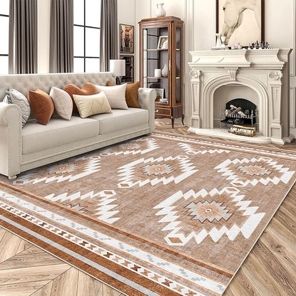 5x7 Area Rugs - Ultra-Thin Washable Rug with Non-Slip Backing, Ideal for Living Room, Bedroom, Kitchen Floor Carpet - Western Style, Easy Clean, Durable, Camel