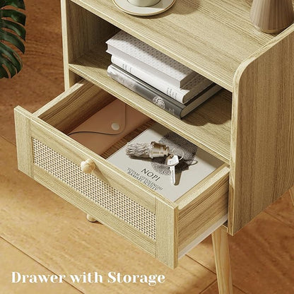 SUPERJARE Nightstand with Charging Station & Rattan-Like Decor Drawer, Rattan End Table with Solid Wood Feet, Bed Side Table with Open Storage, for Bedroom, Living Room, Dormitory - Natural