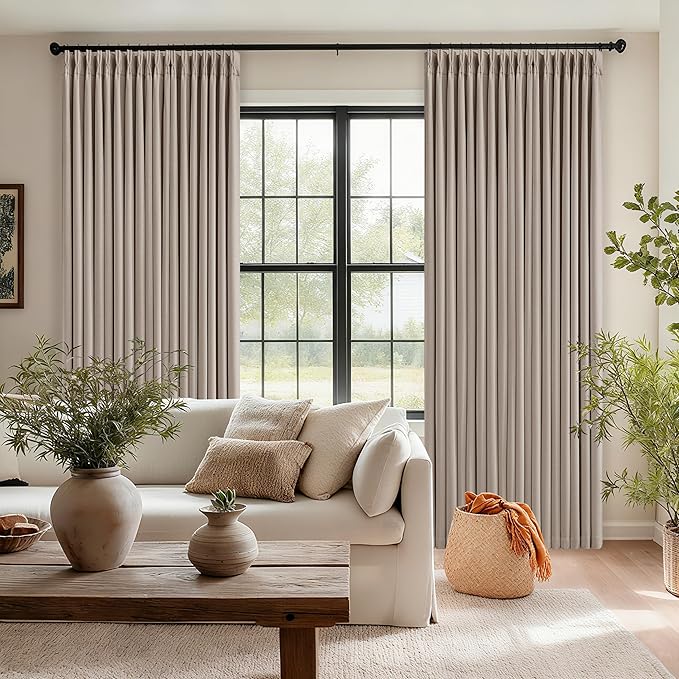 Viral Pleated Blackout Burlap 120 Inch Long Curtains Neutral Pinch Pleated Taupe Burlywood Birch Linen Double Layer 100% Black Out Curtains Soundproof Cottagecore 120 Inch Window Drapes 2 Panel