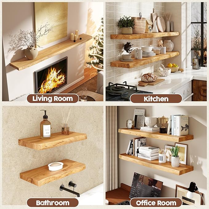 fuqing Live Edge Floating Shelves for Wall 55 inch, 8 Inch Deep Solid Elm Wood Floating Wall Shelves - Rustic Wooden Shelves with Invisible Brackets for Living Room Bedroom Kitchen, 1 Pack, Natural